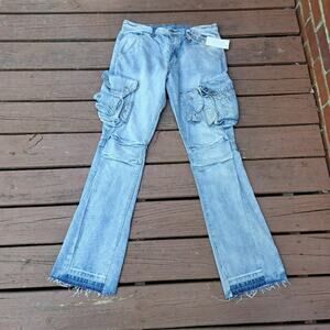 %Vintage MNML × Streetwear Cargo Flare Denim BLUE JEAN 33x36 Men NWT / J1
